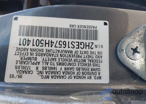 2004 Honda Civic Lx из США, поврежденный, VIN 2HGES16574H501401